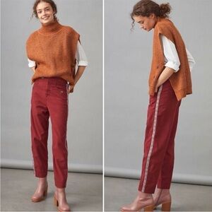 Anthropologie Embroidered Tapered High Rise Ankle Pants Boho Maroon Size 10
